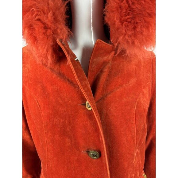 Vintage 70s Red Velvet Penny Lane Coat W/ Gold Embroidery & faux Fur Trim Hood - Picture 16 of 16